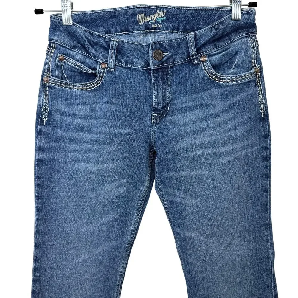Wrangler Sadie Solid Dark Blue Denim Retro Embroidered Mid Rise Bootcut Jeans